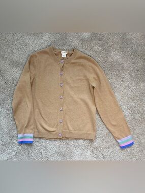 Crewcuts Tan Cardigan with Purple Buttons and Pastel Stripe Cuffs